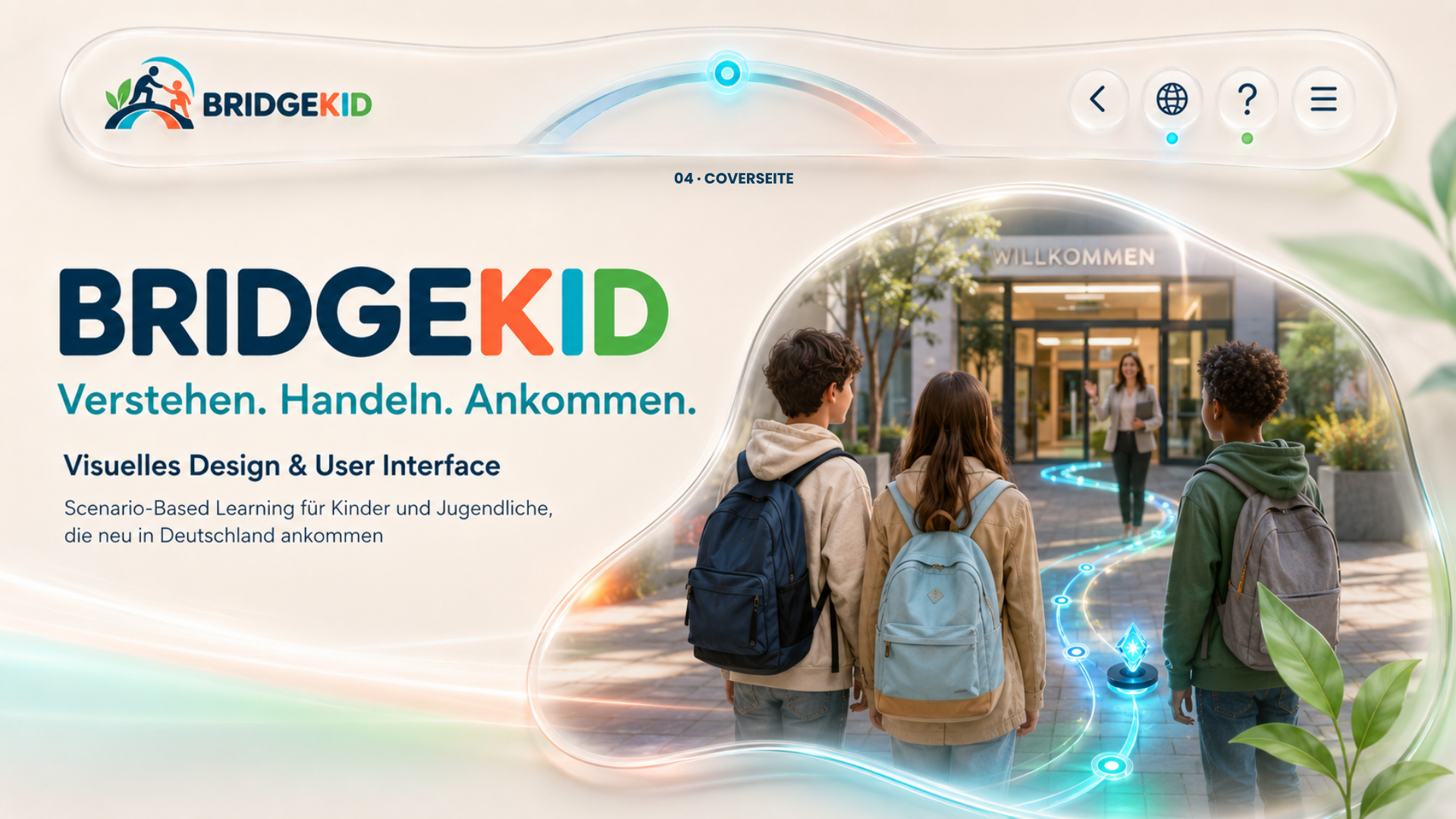 BRIDGEKID Coverseite mit drei Jugendlichen vor einer Schule und leuchtendem Lernpfad